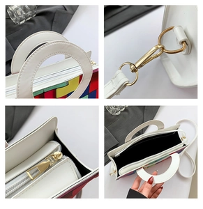 Detail shots of the round handle, gold hardware, and zipper of the colorful geometric handbag