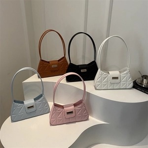 Quilted Geometric PU Leather Baguette Underarm Bag For Women Trendy French Style Solid Color Shoulder Handbag Metal Buckle