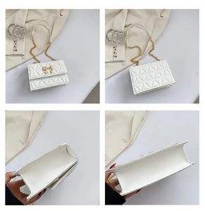 Collage of white quilted crossbody bag with gold bow clasp showing multiple angles and interior