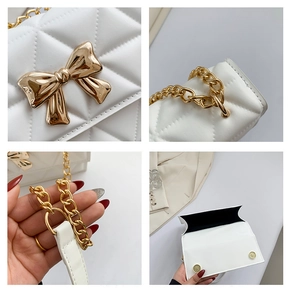 Detailed macro shots of white quilted chain bag with gold bow clasp and metallic strap