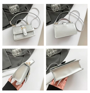 Four-angle view of a silver mini square bag with glitter flap and metallic finish