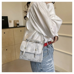 Detail of silver vintage textured crossbody bag featuring metallic finish and buckle closure