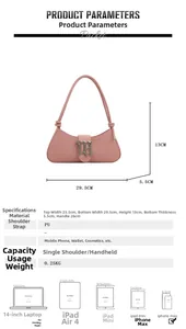Detailed size guide of pink PU shoulder bag with dimensions and capacity comparison