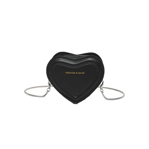 Fashionable heart-shaped black chain crossbody bag with golden lettering and silver strap