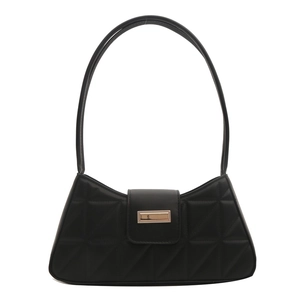 French style black quilted baguette shoulder bag with golden buckle and geometric patterns