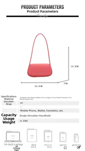 Detailed size specifications for a stylish pink PU leather oval underarm shoulder bag