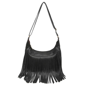 Sac demi-lune tendance en cuir grainé noir avec franges bohèmes et bandoulière réglable