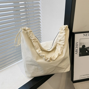 Simple Nylon Hobo Shoulder Bag For Women Large Capacity Pleated Strap Casual Solid Color Zipper Tote Crossbody Commute Bag