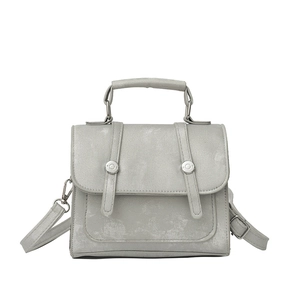 Minimalist grey faux leather crossbody bag with top handle and silver metal accents