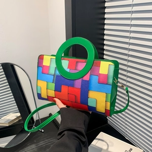 Colorful geometric checkered small square shoulder bag with green circular top handle