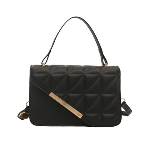 Black quilted crossbody bag for women with golden metal trim and sleek PU leather finish