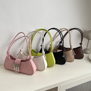 Women Underarm Shoulder Bag PU Leather Gothic Letter Buckle Knot Strap French Minimalist Fashion Handbag