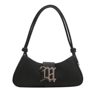 Minimalist black leather baguette bag with silver M buckle and knotted shoulder strap