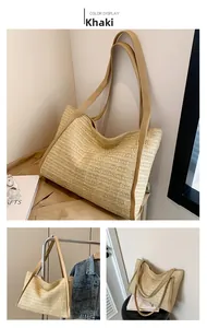 Detailed close-up of the khaki woven tote bag showing dense texture and leather straps