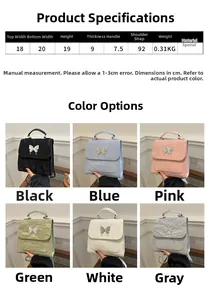 Detailed view of women's leather handbag showing unique butterfly buckle and color variety