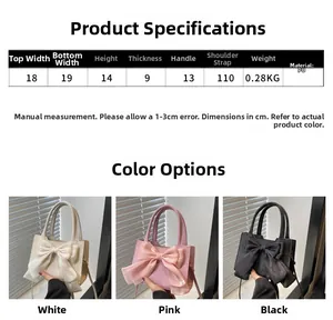 Detailed size parameters and color display of the mini PU bow handbag in white, pink, and black