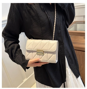 Detail view of beige quilted chain bag with gold metal clasp and woven shoulder strap