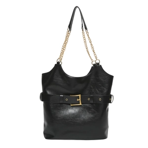 Bolso tote negro brillante con hebilla dorada decorativa y correas de cadena doble
