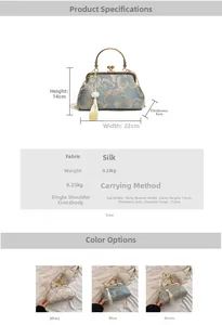 Detailed size chart of Chinese silk embroidery evening bag with dimensions 22x14x6cm