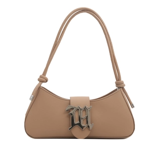 Light brown half moon shoulder bag with gothic M metal buckle and knotted strap detail