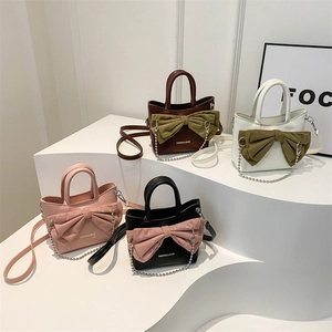 Women Crossbody Bag PU Leather Large Suede Bow Silver Bead Chain Chic Trendy Small Handbag Shoulder Bag Girls Sweet