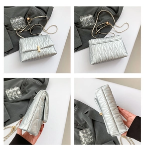 Detail view of silver quilted chain bag with gold hardware from multiple angles