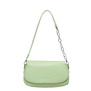 Minimalist light green saddle shoulder bag with silver chain strap and flap closure