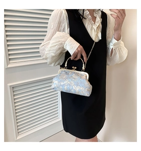 Borsa vintage ricamata francese con manico di perle e tracolla a catena dorata da donna