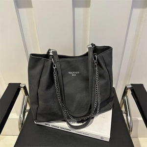 Retro large capacity grey canvas tote bag with chain strap for women commuting