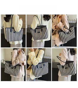 Collage of model wearing a large black and white striped canvas tote bag with leather straps