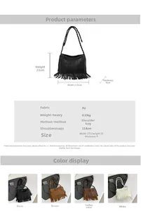 Detailed specs of the fringe tote bag with PU material details and braided handle dimensions