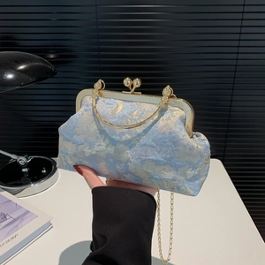 Retro New Chinese Style Jacquard Kiss Lock Shoulder Bag For Women Elegant Floral Brocade Evening Clutch Handbag With Metal Chain