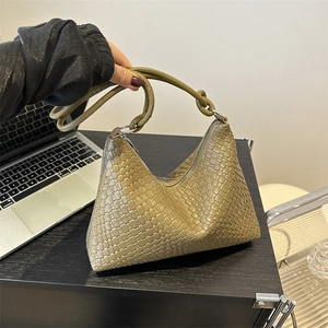 Olive green woven PU leather tote bag with geometric triangular design and silver zipper