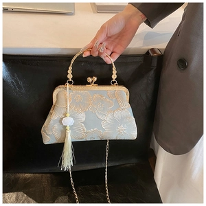 Detailed close-up of light blue embroidery bag with floral patterns and tassel charm