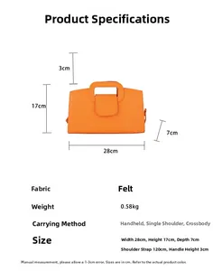 Detail of orange felt handbag showing dimensions and versatile crossbody strap options
