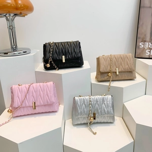 Women Quilted Chain Shoulder Bag PU Leather V-Shaped Stitching Metallic Ball Charm Golden Lock Fashion Small Square Flap