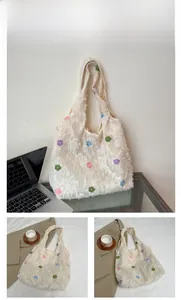 Detail view of a white plush tote bag featuring colorful 3D floral knit patterns and texture