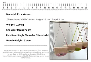 Detailed size chart and dimensions of the woven saddle bag with leather trim details