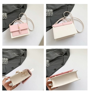 Detail view of pink and beige crossbody bag showing front, back and inner compartment