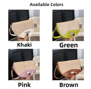 Detailed grid view of contrast woven saddle bags in khaki, green, pink, and brown