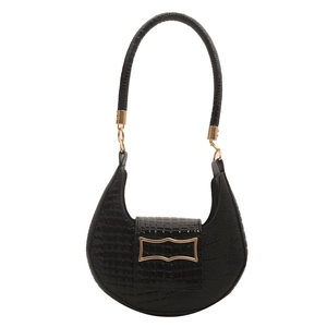 Elegant black crocodile embossed half-moon underarm bag with gold geometric buckle