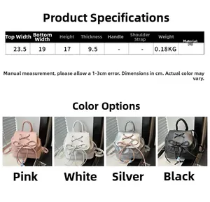 Size chart showing dimensions for a cute ballet-style bow backpack in PU leather material