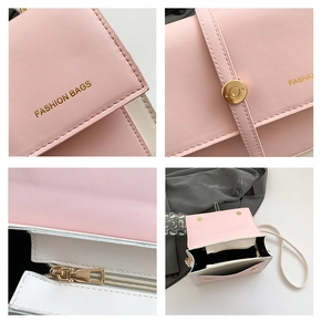Detail shots of pink and white square bag showing metal buckle, zipper and texture
