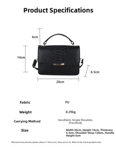 Detailed size specifications for black crocodile pattern PU leather square handbag