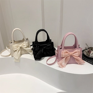 Women Handbag PU Leather Large Satin Bow Decoration Crossbody Shoulder Bag Sweet Elegant Small Square Shape Daily Fashion