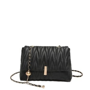 Chic black quilted chain shoulder bag with gold hardware and stylish metal ball charm