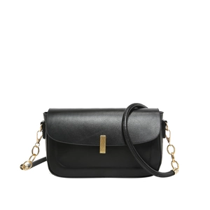 Minimalist black PU leather crossbody bag with gold hardware and chain strap