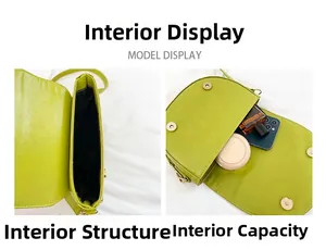 Internal view of the green saddle bag showing storage space for mobile phone and perfume