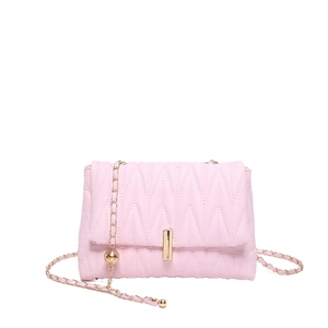 Pink PU leather crossbody bag with V-shaped quilted pattern and golden chain strap
