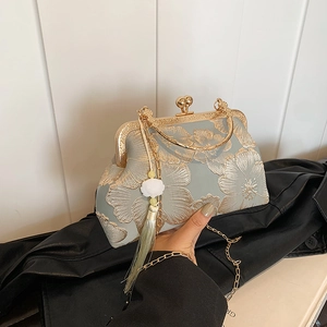 Chinese vintage style embroidery floral handbag with gold metal frame and long chain strap